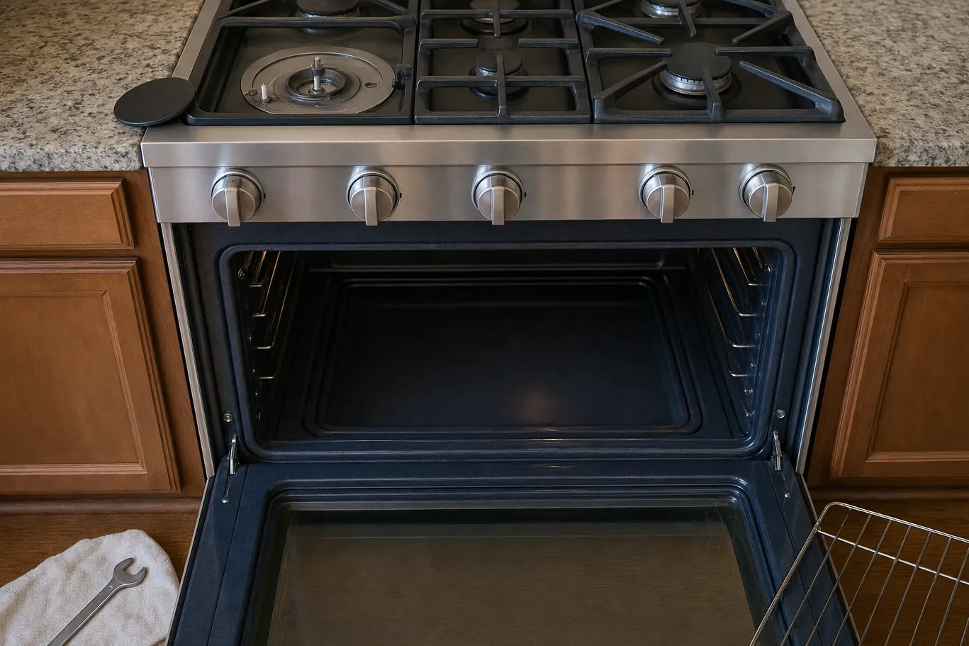 Stainless gas rangetop with one burner cap lifted off onto the counter and the oven below standing open