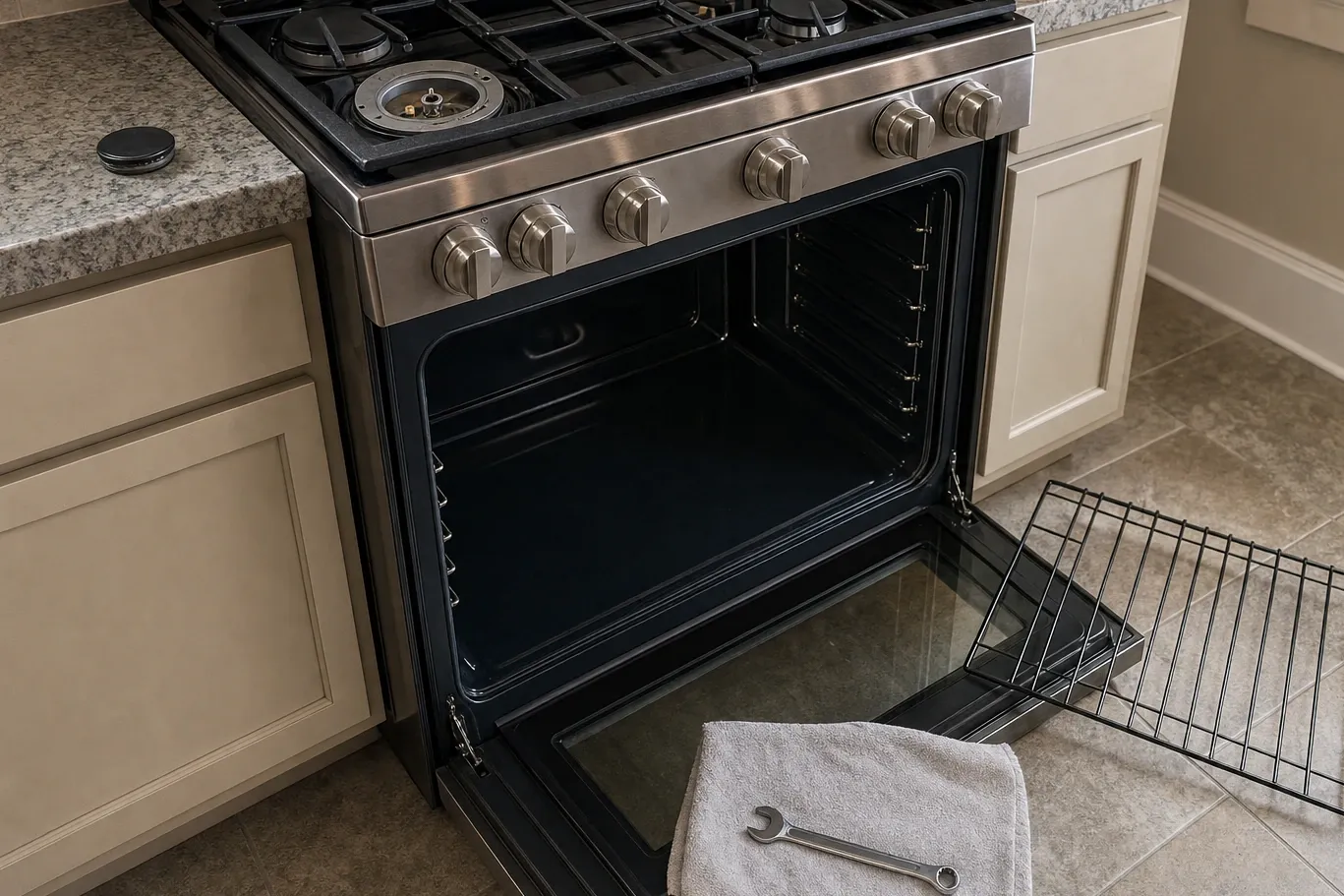 Gas range in a cream shaker kitchen with a tile floor, oven door open and an oven rack set down beside it