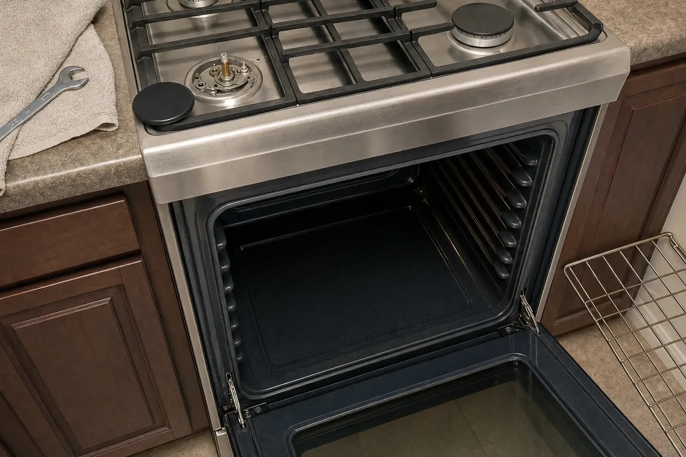 Close view of a gas cooktop with the cast grates in place and one burner cap removed, exposing the orifice and spark electrode