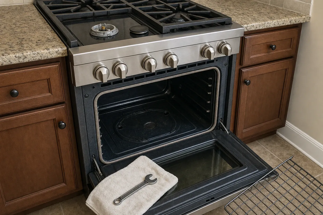 Open oven cavity with the braided door gasket running visibly around the frame, a wrench and towel on the door